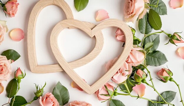 wooden heart-shaped frame in center surrounded by fresh pink roses and green leaves on white background, flat lay composition