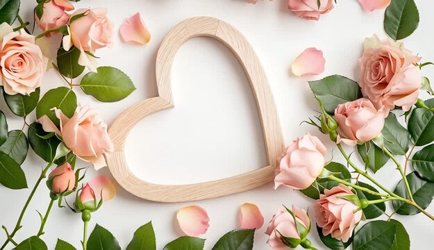 wooden heart-shaped frame in center surrounded by fresh pink roses and green leaves on white background, flat lay composition