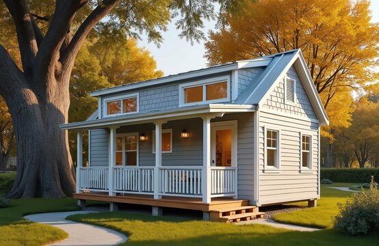 Small dwelling sits on grassy lawn under large tree with autumn leaves. Cozy accessory unit features porch, windows, and simple modern design. Ideal for compact living.