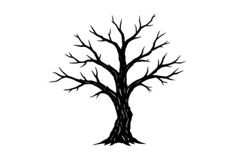Fototapeta premium Gnarled bare tree silhouette with spooky branches, symbolizing death, winter, and halloween, transparent background