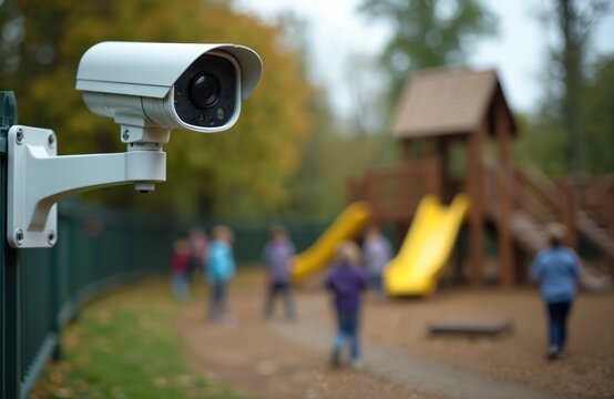 Outdoor security camera monitors school playground with children playing. Surveillance equipment watches fun recreation and safety zones. Modern tech protects kids.