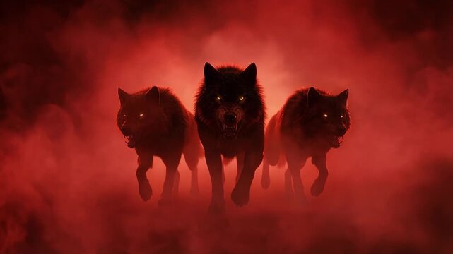 Three snarling black wolves running forward through red smoke and fog with glowing eyes in dark scene