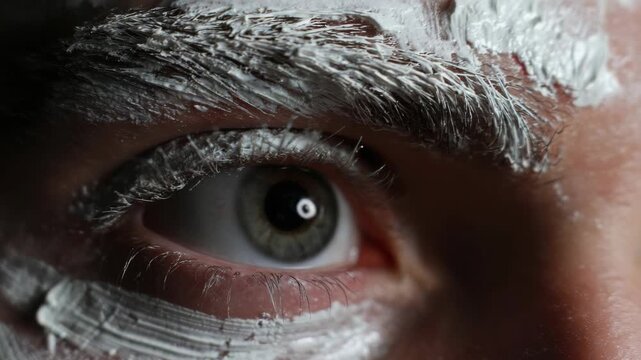 Extreme close-up of a human eye with white paint applied to the eyebrows and eyelids