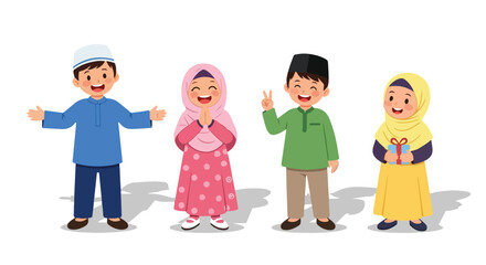 Illustration of four diverse children in traditional attire standing against a clean white background with varying gestures.