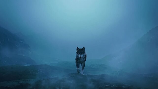 Wolf walking through a foggy mountain landscape and approaching the camera in a dark blue night scene