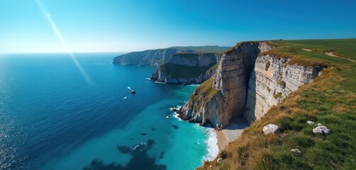 Fototapeta premium Rugged cliffs meet turquoise ocean waters under a clear blue sky. Green grass covers cliff tops. Secluded beach nestles below. Amazing natural beauty.