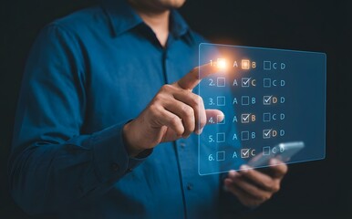 Man's finger selects answers on a glowing multiple-choice quiz or survey interface, demonstrating digital interaction.