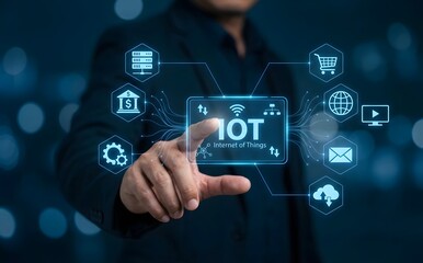 Fototapeta premium Man's finger touches a glowing iot (internet of things) interface, surrounded by smart device icons.