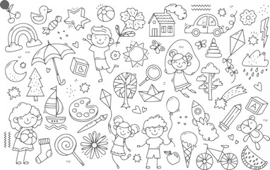 Black and white child's drawing large collection of simple icons various items
