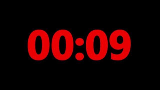 Digital countup clock timer in zero second to 14 second. White text number on isolated black background. Element for overlay concept. 14 second countdown timer with black background. 