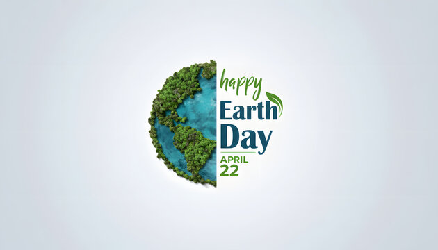 A stylized half-earth with green foliage and blue water, alongside "happy Earth Day April 22" text, on a light background.