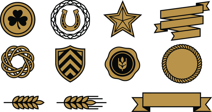 Lucky token emblem vectors flat vector pack with brass black circular coin shamrock horseshoe wreath five-pointed star ribbon knotwork circle shield chevron wax seal rope border wheat banner isolated