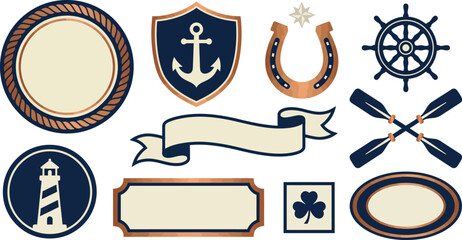 Nautical Irish pub badges flat vector pack with navy blue copper cream rope frame anchor shield horseshoe star ship wheel ribbon crossed oars lighthouse signet clover oval emblem isolated © Madhuka Disanayaka