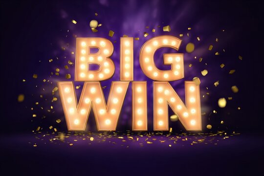 Brightly lit big win sign with golden confetti on purple background