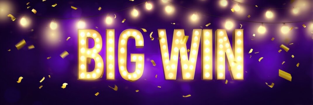 Glowing big win sign with falling confetti and string lights on purple background