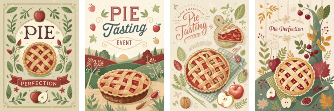 Charming vintage-style illustrations celebrating pie perfection and tasting events.