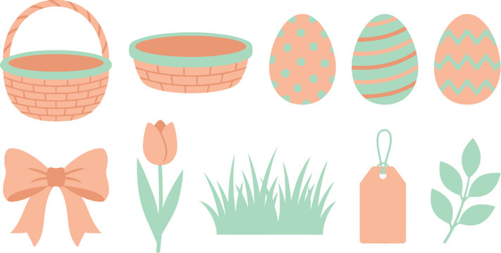 Traditional Easter basket elements flat vector pack with pastel peach mint round woven basket curved handle oval basket decorated eggs polka dots stripes silk bow tulip spring grass gift tag leaf 