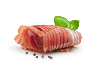 Sliced prosciutto crudo or jamon, dry-cured ham, isolated on white background	