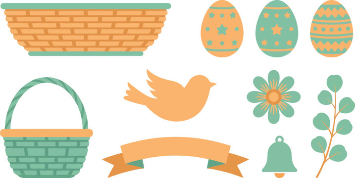 Elegant simple Easter home decor elements flat vector pack with apricot seafoam green wide flat basket handled basket eggs star dot motifs bird silhouette flower ribbon banner bell eucalyptus sprig 