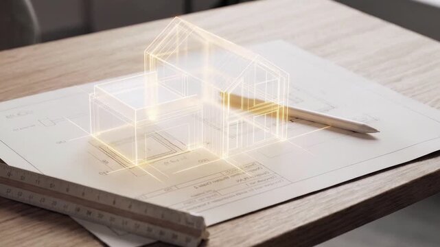 Glowing transparent house wireframe model on architectural blueprint with pencil and ruler on desk