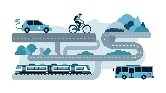 Various transportation modes on winding roads isolated on a transparent background