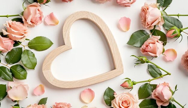 wooden heart-shaped frame in center surrounded by fresh pink roses and green leaves on white background, flat lay composition