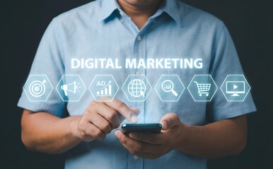 Person's hands interact with a smartphone displaying digital marketing icons, symbolizing effective online business strategies.