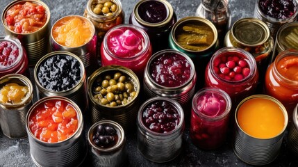 Assorted canned and jarred preserved fruits and vegetables.