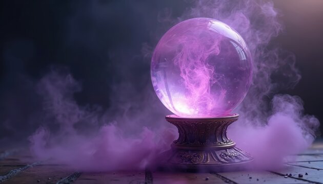 Crystal ball with purple and blue smoke. Ornate stand holds sphere. Mystery and magic atmosphere with abstract swirling gas. Dark background, ethereal light.