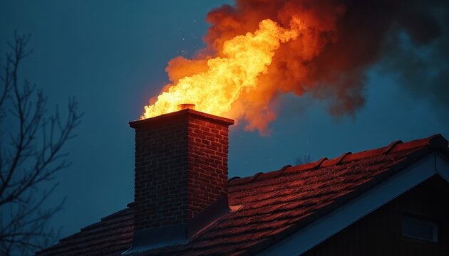 Intense fire erupts from brick chimney at night. Flames, thick smoke billow into dark sky, clear sign of extreme heat, danger. Roof below visible, illuminated by intense orange glow. Dangerous event