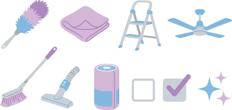 Dusting high-reach cleaning list icons flat vector pack with soft lavender airy blue light grey feather duster microfiber cloth step ladder ceiling fan cobweb brush vacuum attachment air purifier 