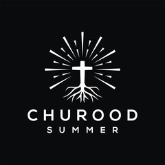 Rooted summer christian cross crucifix for church logo design vector template