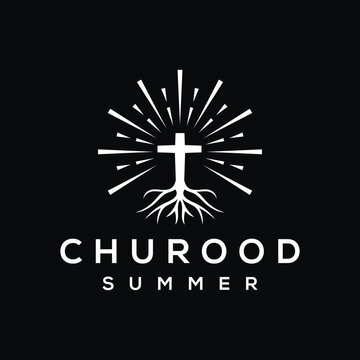 Rooted summer christian cross crucifix for church logo design vector template