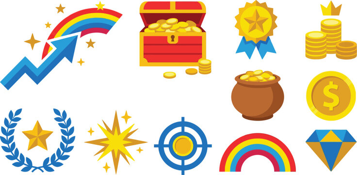 Modern success reward symbols luck motifs bright primary colors gold flat vector pack with upward-trending graph arrow rainbow treasure chest coins star-shaped medal stack crown pot laurel wreath 