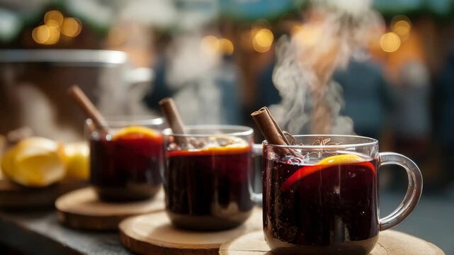 Steaming mulled wine with cinnamon sticks and orange slices served at a winter market