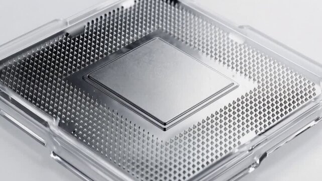 Close up of computer processor chip on circuit board showing microelectronic component in modern technology