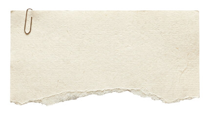 Torn beige paper note with textured edges and metal paperclip isolated on transparent background