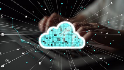 Visual representation of cloud computing featuring data transmission, vibrant graphics, and hands typing on a keyboard, showcasing modern technology and digital interaction. Xenic