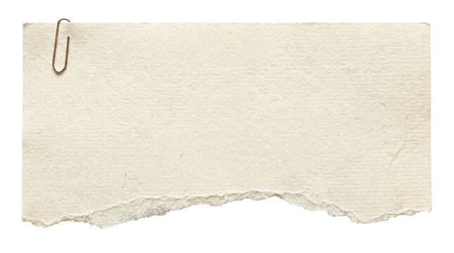 Torn beige paper note with textured edges and metal paperclip isolated on transparent background