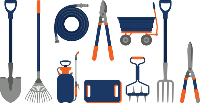 Professional landscaping utility garden tools flat vector pack with navy blue safety orange metallic grey heavy-duty spade leaf rake coiled garden hose loppers utility cart pressure sprayer kneeling 