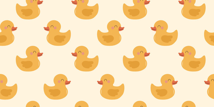 Seamless pattern with cute yellow rubber duck. Funny wallpaper with bathroom plastic toy. Flat vector background.