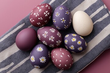 Creative dark purple and white Easter eggs with floral patterns on striped kitchen towel