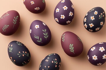 Dark purple Easter eggs with white floral patterns on beige background top view