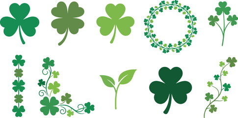 Obraz premium Minimalist shamrock botanical vectors flat vector pack with various shades green classic three-leaf shamrock lucky four-leaf clover heart-shaped clover leaf botanical wreath small clovers single stem 