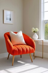 Modern orange velvet armchair with white pillow next to window in cozy living room corner