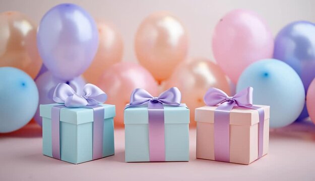 pastel colored gift boxes with satin ribbon bows in foreground, four gift boxes in soft blue, peach pink, and lavender colors, arrangement of large pastel balloons in background