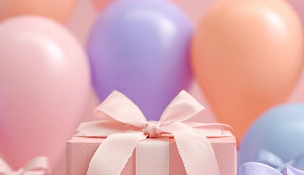 pastel colored gift boxes with satin ribbon bows in foreground, four gift boxes in soft blue, peach pink, and lavender colors, arrangement of large pastel balloons in background