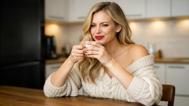 Woman savoring coffee aroma with closed eyes then drinking and looking calmly at viewer