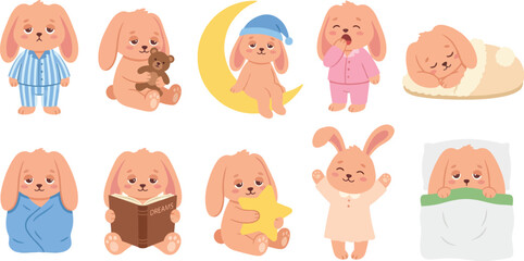 Cozy peach bunny bedtime character with 10 sleepy poses striped pajamas teddy bear moon yawning slipper blanket storybook pillow duvet nighttime flat vector illustration