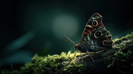 Fototapeta premium Close-up of a beautiful butterfly resting on a moss-covered log in a dark forest